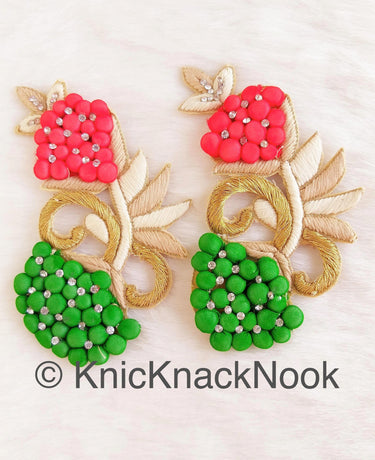 Green, Red, Beige And Gold Embroidered Flower Applique Patch With Diamante Crytals